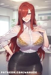 ai_generated big_ass big_breasts big_butt big_thighs black_skirt blush erza_scarlet fairy_tail huge_ass huge_breasts huge_butt huge_thighs leopard_print office_lady pantyhose red_eyes red_hair wanuze white_hair wide_hips