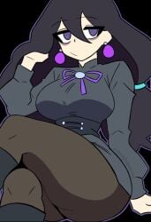 1girls 2025 2d 2d_artwork badjujuarts big_ass big_breasts big_thighs bored_expression clothing crossed_legs curvaceous earrings hex_maniac hex_maniac_(z-a) leg long_hair npc_trainer pokemon pokemon_legends:_z-a purple_eyes sitting solo_female