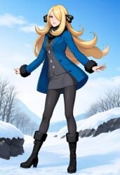 1girls ai_generated clothing cynthia_(pokemon) nintendo pokemon pokemon_dppt snow winter