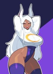 1girls adnyc big_breasts boku_no_hero_academia breasts bunny_ears dark-skinned_female dark_skin female g-string huge_breasts long_eyelashes looking_at_viewer miruko my_hero_academia red_eyes rumi_usagiyama smile smirk smug solo solo_female stockings thick_thighs thighs thong white_hair white_shirt wide_hips