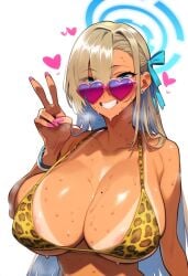 1girls ai_generated asuna_(blue_archive) big_breasts blue_archive gyaru halo heart_sunglasses leopard_print_bikini mole_on_breast nipples_visible_through_clothing pahupahu_jk peace_sign sweating tanned_female tanned_skin v_sign