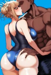 ai_generated beach bikini blonde_hair blush boku_no_hero_academia coomersucc dark-skinned_male dark_skin himiko_toga huge_ass huge_breasts interracial kissing muscular_male my_hero_academia squeezing_butt thick_thighs toga_himiko tongue_kiss