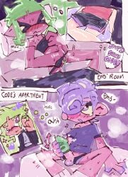 1boy1girl 2d dialogue emems666 fingering fingering_pussy fleshlight green_hair inkling inkling_girl jerkingoff jerkingoff_together masturbation moaning octoling octoling_boy panties self_upload shorts splatoon splatoon_3 thighs