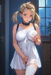 ai_generated bandaged_leg blonde_female blonde_hair blue_eyes breast_grab collar dress fingering fio_(nier_reincarnation) indoors large_breasts masturbation nier nier_reincarnation night pleasure_face twintails white_dress