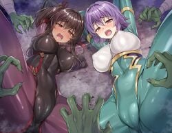 2girls blush bodysuit breasts brown_hair cameltoe covered_erect_nipples covered_navel dark-skinned_female dark_skin goblin highres imminent_rape impossible_bodysuit impossible_clothes koyuki_(kotatsu358) ku_koro large_breasts long_hair mesugaki mizuki_yukikaze moaning multicolored_bodysuit multiple_girls ninja original purple_hair red_eyes shiny_clothes short_hair side_ponytail skin_tight taimanin_(series) taimanin_suit taimanin_yukikaze