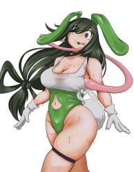 1girls big_breasts breasts bunny_ears cleavage female green_lipstick long_tongue my_hero_academia shakuraya solo sweat tongue tongue_out tsuyu_asui