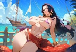 2d ai_generated big_breasts bikini black_hair boa_hancock earrings female female_focus female_only highleg jewelry long_hair micro_bikini one_piece sarong solo solo_female solo_focus tagme