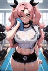 1girls ai_generated blush gym gym_shorts large_breasts looking_at_viewer nicole_demara see-through_clothing self_upload starskyai steaming_body sweat zenless_zone_zero