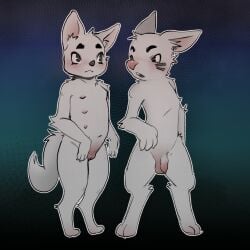 anthro balls canid canine digitigrade duo facial_markings female flaccid foreskin genitals head_markings hi_res humanoid_genitalia humanoid_penis looking_at_another male mammal markings multi_nipple nipples penis pointy_nose pussy standing tail truemew