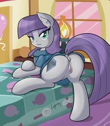 2015 anus ass bed cogbrony cutie_mark earth_pony equine female feral friendship_is_magic half-closed_eyes highres horse indoors mammal maud_pie_(mlp) my_little_pony pony purple_hair pussy solo