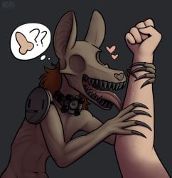 ambiguous_gender anthro canid canine claws duo eyeless hair heart_symbol hi_res human keadonger licking mammal monster nude scp-1991 scp_foundation sharp_teeth simple_background teeth tongue tongue_out