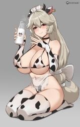 1girls alexandrina_sebastiane areola_slip areolae armwear big_breasts blush bottle breasts cleavage cow_ears cow_print cow_print_armwear cow_print_bikini cow_print_gloves cow_print_legwear cow_print_thighhighs fake_animal_ears female female_only gloves hair hair_ornament headdress headwear hioyami huge_breasts legwear long_hair maid_headdress milk_bottle neckwear red_eyes ribbon smile solo solo_female thick_thighs thighhighs thighs white_hair zenless_zone_zero