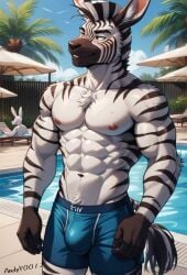 ai_generated andyy0012 bulge bulge_through_clothing fur furry furry_male furry_only pool poolside striped striped_body swimming_pool swimwear zebra zebradom