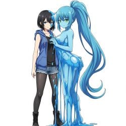 2girls ai_generated black_boots black_hair black_legwear black_shirt blue_eyes blue_hair blue_hoodie breasts cleavage female green_eyes hair human_female large_breasts long medium_breasts nude ponytail short_hair sleeveless_shirt slime slime_girl