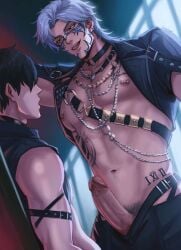 2boys big_penis chains love_and_deep_space male_only penis pierced_nipples piercing red_eyes self_insert sylus_(love_and_deep_space) tattoo wolf_cut