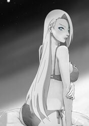 1girls arm_support arm_under_breasts ass bikini black_and_white blue_eyes breasts female female_only hair_over_one_eye ino_yamanaka long_hair looking_at_viewer looking_back moon naruto naruto:_the_last naruto_(series) night sitting solo stars utrobot