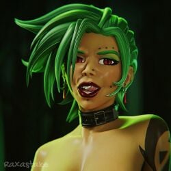 3d 3d_(artwork) cheek_piercing choker earrings eyebrow_piercing female female_only green_hair lipstick looking_at_viewer myanna nose_piercing pierced_ears pierced_nose piercing raxastake red_eyes red_lipstick tagme tattoo tattooed_arm tongue_out