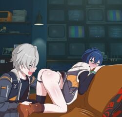 1boy absurdres anal ass bar_censor belle_(zenless_zone_zero) black_jacket black_panties black_shirt black_thighhighs blue_hair blue_jacket blush bottomless brother_and_sister censored computer couch crossed_bangs cucoo cunnilingus drooling english_commentary female green_eyes grey_hair highres hood hooded_jacket incest jacket monitor on_couch open_mouth oral orange_socks panties pillow pussy pussy_juice shirt siblings single_thighhigh socks straight thighhighs underwear wise_(zenless_zone_zero) zenless_zone_zero