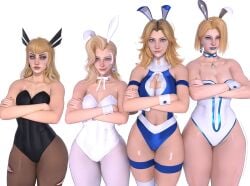 3d 3d_(artwork) 4girls black_bunnysuit blonde_female blonde_hair blue_eyes blue_lipstick bunny_ears bunny_girl bunnysuit cleavage cleavage_cutout crossing_arms dagger_(marvel) dagger_(marvel_rivals) emma_frost emma_frost_(marvel_rivals) female invisible_woman invisible_woman_(marvel_rivals) long_hair looking_at_another looking_at_viewer looking_away magik_(illyana_rasputin) magik_(marvel_rivals) marvel marvel_comics marvel_rivals popogori short_hair smirk smirking smirking_at_viewer sue_storm white_background white_bunnysuit white_skin