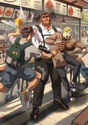 3boys bara body_guard bodyguard carrying dilf height_difference male male/male male_only muscular muscular_male outside size_difference unspoken_(firebreath110)