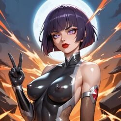 ai_generated alternate_body_type alternate_hairstyle bodysuit female female_focus female_only kunoichi latex_suit medium_breasts moon ninja nipples_visible_through_clothing oboro_(taimanin_asagi) outdoors purple_hair rejuvenate short_hair taimanin_(series) taimanin_asagi v_sign