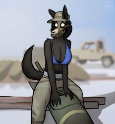 2017 5_fingers anthro big_breasts breasts canid canine cleavage clothed clothing day female fingers happy hat headgear headwear hi_res keadonger looking_at_viewer mammal military military_cap monster outside pose scp-1471 scp-1471-a scp_foundation shirt tank_top topwear