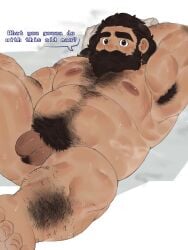 1boy armpits beard belly black_hair chest_hair completely_nude dungeon_meshi dwarf facial_hair flaccid_penis foreskin full_beard hairy hairy_balls hairy_legs hairy_male large_pectorals long_beard looking_at_viewer lying male_only mature_male moustache muscular muscular_male nipples nuhoangxitray old_man overload_(nuhoangxitray) pectorals penis pillow pubic_hair senshi_(dungeon_meshi) simple_background slightly_chubby slightly_chubby_male solo solo_male sweat testicles text text_bubble thick_eyebrows uncensored white_background