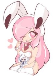 ami_(gwain_saga) bunny_ears bunnysuit chibi cute cute_face eye_visible_through_hair geo_(gwain_saga) geoexe gwain_saga hand_on_hair heart hearts_around_body long_hair pink_eyes pink_hair seabunny_pi tagme tongue tongue_out wink winking