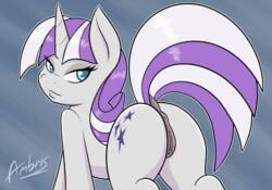 2016 ambris anus ass blue_eyes cutie_mark dock equine eyelashes female feral friendship_is_magic hair half-closed_eyes hi_res horn long_hair looking_at_viewer looking_back mammal mother multicolored_hair multicolored_tail my_little_pony parent purple_hair pussy simple_background solo twilight_velvet_(mlp) two_tone_hair unicorn white_hair