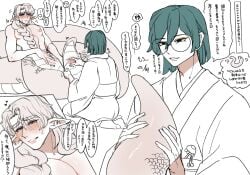 1boy blush braid copyright_request female glasses green_hair highres japanese_clothes kimono lamia monster_girl pointy_ears round_eyewear seiza shiny_skin sitting smile speech_bubble sweat teeth translation_request white_kimono zunkome