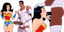 2_panel_comic ai_generated black_penis blowjob cock_awe cyborg_(dc) dark-skinned_male dc dc_comics deepthroat diana_prince fellatio flashing_penis interracial justice_league oral pale-skinned_female shocked super_friends superfriends victor_stone will_of_ai wonder_woman