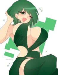 armpits artist_name female green_eyes green_hair heart large_breasts looking_at_viewer off_shoulder one_eye_closed open_mouth original shiirano short_hair thighhighs white_background