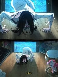 1girls 2d 2d_(artwork) ass_in_air ass_up black_hair black_nails crawling cum_jar_(meme) english_text jar khyleri long_hair long_nails meme_reference my_little_pony oh_shit phone pinkie_pie_(mlp) red_eyes sadako_yamamura solo solo_female text the_ring yamamura_sadako