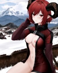 ai_generated coat_only dark_red_eyes hand_on_head horns mountains original_character pointy_ears ram_horns red_hair snow