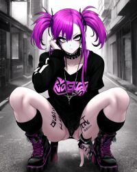 ai_generated annoyed colorful_eyes colorful_hair hand_on_head hoodie original_character punk punk_girl squatting squatting_female tattoos