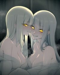 ai_generated fog foggy foggy_background ghost ghost_girl ghostly kissing_cheek original_character original_characters sisters twins white_hair yellow_eyes