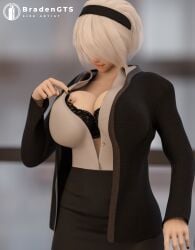 1boy 1girls 3d big_breasts bradengts breasts clothing female giantess light-skinned_female light-skinned_male light_skin male micro nier nier:_automata office_lady short_hair size_difference white_hair yorha_2b