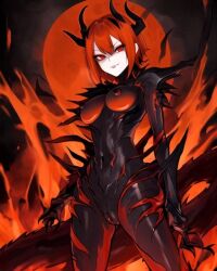 ai_generated demon demon_girl demon_horns demon_tail evil_smile female fire orange_hair original_character red_eyes red_moon