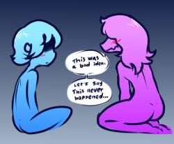 1boy1girl blush deltarune embarrassed embarrassed_nude_female embarrassed_nude_male female kris_(deltarune) male nekuzx nude nude_female nude_male sitting susie_(deltarune) tagme text text_bubble