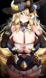 1girls astraea_(atelierastraea) blonde_hair blue_eyes breasts cleavage female genshin_impact hat hi_res hips huge_breasts light-skinned_female light_skin long_hair naughty_face navia_(genshin_impact) peace_sign solo_female thick_thighs thighs wide_hips