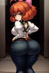 ahoge ai_generated ass belt blush breasts curly_hair denim dioxide female from_behind green_eyes hairbow hands_on_hips huge_ass jeans juliet_sleeves large_breasts lips long_sleeves looking_at_viewer looking_back orange_hair pants penny_polendina pink_bow puffy_sleeves robot rwby short_hair smile solo thick_thighs thighs wide_hips