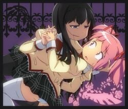 2girls akemi_homura akuma_homura black_border black_hair black_hairband bow female_pervert hair_ribbon hairband hairbow holding_hands horny horny_female interlocked_fingers letterboxed long_hair madoka_kaname mahou_shoujo_madoka_magica mitakihara_school_uniform multiple_girls panties pantyhose pantyshot pervert pink_eyes pink_hair puella_magi_madoka_magica purple_eyes ribbon ringed_eyes rose school_uniform short_hair short_twintails single_earring soul_gem thighhighs twintails underwear white_legwear yuri