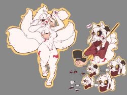 absurd_res anthro blush blush_lines botanics breast_grab breasts canid canine clothing eyewear female fox fur glasses hand_on_breast hi_res horn mammal multi_tail paws petting petting_head red_stripes ring ring_box solo stripes sweater tagme tail teeth topwear white_body white_fur