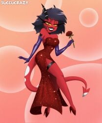 1girls beauty_mark black_hair breasts demon demon_girl eyelashes female heart_tattoo helluva_boss high_heels horns jessica_rabbit_(cosplay) looking_at_viewer millie_(helluva_boss) red_dress red_skin rose rose_(flower) smile solo succucrazy tail yellow_eyes