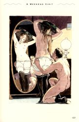 1boy 1girls a_weekend_visit bloomers_(victorian) breasts edwardian feathered_hat hat mirror rear_view removing_panties stockings thighhighs tom_sargent topless