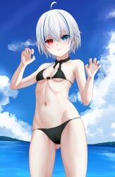 1girls beach bikini black_bikini blush clouds day female female_focus female_only heterochromia highres indie_virtual_youtuber light_skin looking_at_viewer manasenshou nisha_nixyeva ocean short_hair sky small_breasts smiling smiling_at_viewer standing summer swimsuit virtual_youtuber vtuber vtuberfanart white_hair