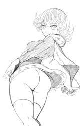 1girls artist_name ass ass_focus blush bottomless female female_only innie_pussy itskawer kaw3r large_ass looking_back monochrome no_panties one-punch_man rear_view signature sketch small_breasts solo tatsumaki