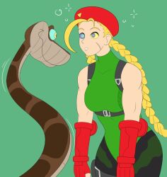 2022 ahoge beret blonde_hair braid braided_hair breasts cammy_white crossover eastern_and_western_character facial_scar femsub gloves hat hypnosis kaa kaa_eyes large_breasts long_hair maledom mind_control plsgts scar snake street_fighter the_jungle_book twintails wide_hips