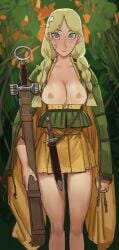 1girls 2d 2d_(artwork) aged_up belt big_breasts blonde_hair blue_eyes blush bottomless braid braided_twintails breasts_out cape casual_nudity cleavage cleavage_dress dagger dirk_(knife) dress female female_only golden_dress green_clothing huge_breasts human human_only large_breasts light-skinned_female light_skin miniskirt mossa mossacannibalis nipples pink_nipples ring_pommel robyn_goodfellowe scabbard sheath short_skirt skirt smile smiling solo solo_female sword thick_thighs wide_hips wide_thighs wolfwalkers yellow_skirt