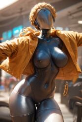 ai_generated atomic_heart big_breasts blonde_hair cum_on_breasts highres holding_breast left_(atomic_heart) looking_at_another lubed open_arms ponceai red_star robot robot_girl robot_humanoid robot_joints running sagging_breasts the_twins_(atomic_heart) twitter_username yellow_jacket